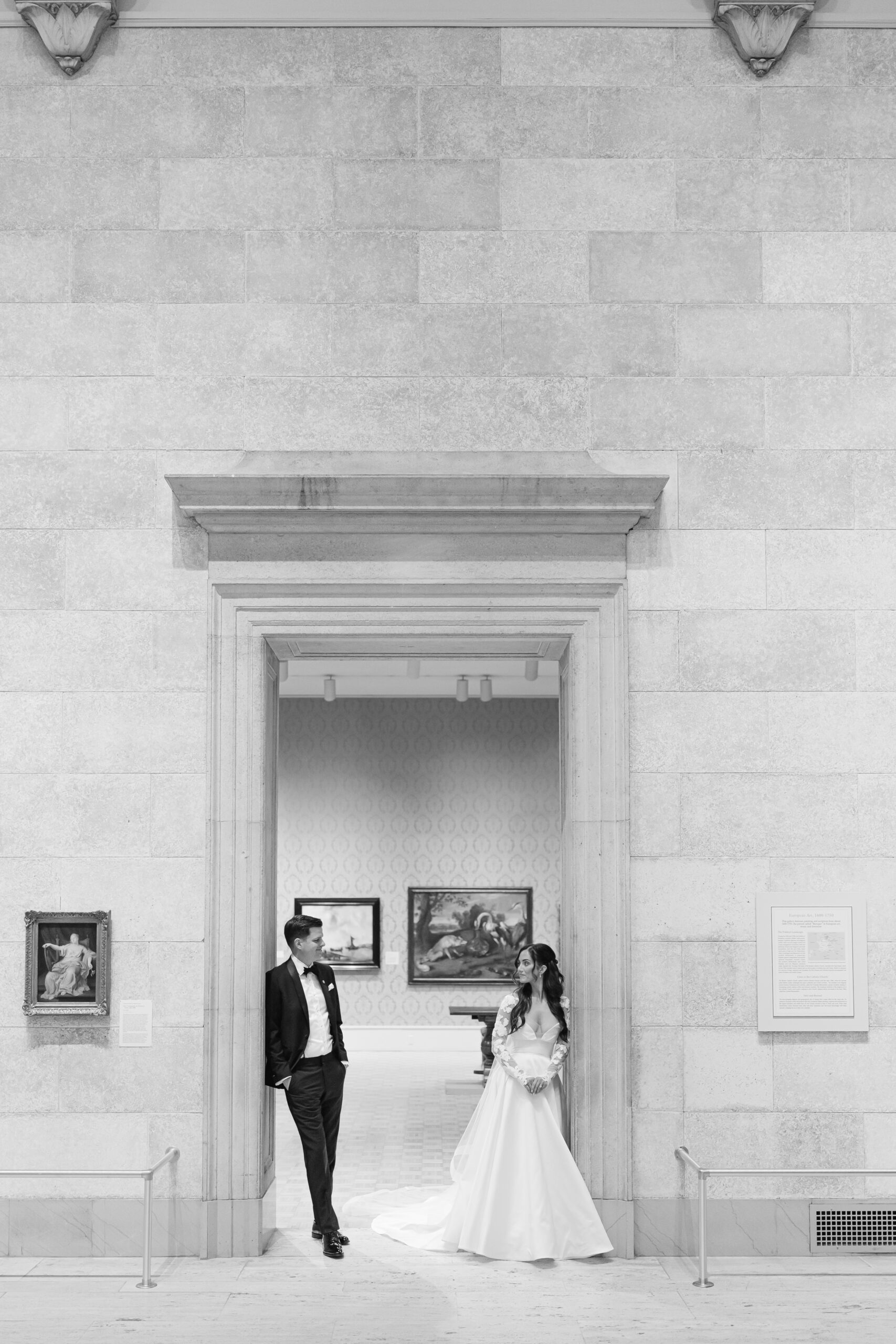 bride and groom in memorial art museum
